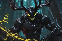 Black Shadow symbiote in 8k realistic anime e drawing style, close picture, Deer them, neon color, intricate details, highly detailed, high details, detailed portrait, masterpiece,ultra detailed, ultra quality