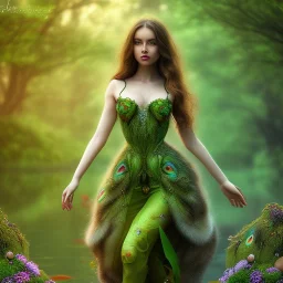 apple, upper body of selda, fast walker, as a brunette young cute feminine woman, short hair, green forest background, pond, mega flowers,peacock,sun light