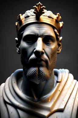 Ultra Realistic image, Roman sculpture, white marble material, Lionel Messi, gold crown of natural thorns, god crown, gold veins, gold ornaments, Renaissance style, sun rays background, waist up portrait, epic, celestial, cinematic lighting, God lights, 4k resolution, smooth details, soft lighting, unreal engine 5, art station, substance 3d.