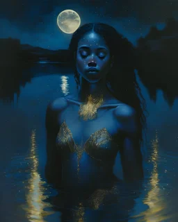 une jeune femme mystique sort d'un lac en pleine nuit. La lune en arrière plan éclaire sa silhouette. Son corps est athlétique. Sa peau est de couleur bleu nuit. Des feuillages d'or l'habillent. Son visage est parfait et très détaillé. Ses mains sont délicates.