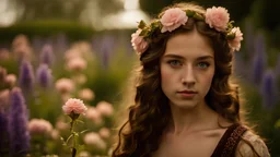 High resolution sharp focus Closeup of a beautiful slender 17 year old caucasian girl. Her long thick wavy hair is dark brown. She is wearing a medieval dress. She is in a flower garden. She is staring at the viewer.