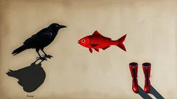 Long Shadows: raven, red fish, red boots, abstract surrealism, conceptual art