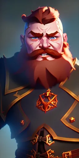 A high detail, high definition, 4k dungeons and dragons character design of a short dwarf male warrior who has a strong build, a thick ginger beard, long ginger hair, and wearing metal plated armor with pauldrons, dynamic lighting