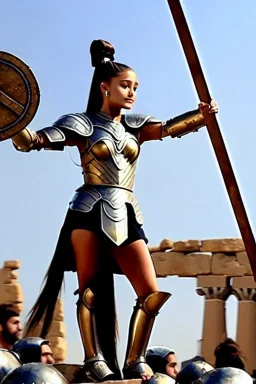 ariana grande in greek armor at the fall of the city of Troy trebuchet high quality