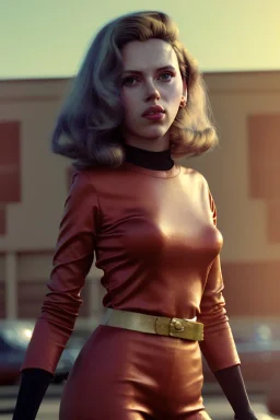 retro portrait image from 1960, supermarket parking explosion, long hair, young Scarlett Johansson, classic black tight lycra suit, gold bracelet and belt, high heel boots, soft color, highly detailed, unreal engine 5, ray tracing, RTX, lumen lighting, ultra detail, volumetric lighting, 3d, finely drawn, high definition, high resolution.