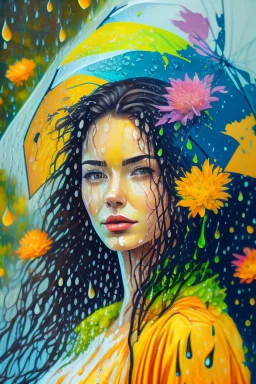 acrylic portrait of a woman, lush hair, rain, flowers, umbrella, autumn, paint blots, splashes, tears, plants, yellow, blue, green, orange colors