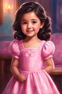 Digital painting of a beautiful little girl in a gorgeous pink dress, front view, Agnes face, smile, dark hair, bright eyes, cute face, adorable cute girl, cozy room in the background, Disney art, digital painting style, High quality, 4k