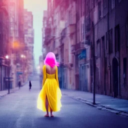 Beautiful lonely girl who walks along a street without people at dawn. You see her from behind. She wears a very short yellow dress. She has long pink hair with glowing crystals. Full body, 8k resolution concept art. Professional Photo HD. Stylish. Warm vivid colors. Panoramic