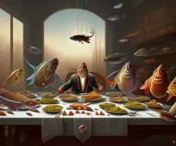 supper, fish sit at the table and eat pieces of people.