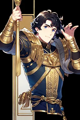 A handsome 30 year old male knight, black hair, dark blue eyes, wavy haircut, in black-and-gold plate armor, no beard, european, portrait