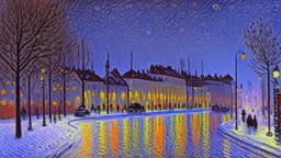 Winter night, modern city with cars, alfred sisley impressionism painting