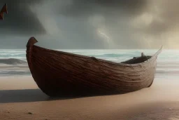 Small viking longboat shipwrecked at a pebbled beachside, fantasy, mystical, lightshafts, storm in the distance