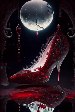 dark fantasy, intricate cover, a whimsical fairytale, translucent shoe made of moonlit glass with drops of crimson blood underneath