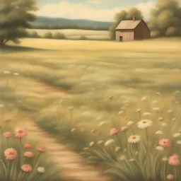 Wildflower Field Landscape Painting, Vintage Meadow Landscape Art Print, Country Field Wall Art