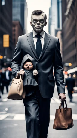 A man with suite carrying a business bag walking in the new York street , his head is an old scary baby doll with eyes removed