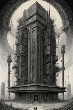 A building with a Indian fathers on and with computer chips and a smoke in the background dark a thin line draw ، front view camera, decayed and proportions and imagery. surreal chorror, biomechanical design, by hr giger and beksinski , fine lines draw
