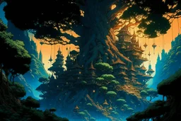 retro anime style, full color, dark serious 1980s anime style, a elf city in a giant tree, no humans, no people