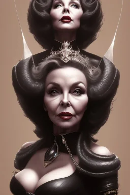 Joan Collins as evil queen in black leather, leather, busty, cleavage, angry, stern look. character design by cory loftis, fenghua zhong, ryohei hase, ismail inceoglu and ruan jia. unreal engine 5, artistic lighting, highly detailed, photorealistic, fantasy