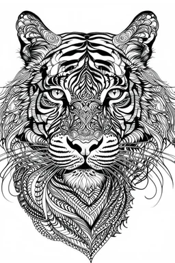 tiger face tattoo, coloring page, clean line art, adults drawing book, Black and white only, crisp black lines, sharp lines, coloring page for adults, black and white picture, lots of details,