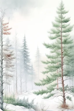 Fir trees, flowers, beautiful landscape, delicate tones, translucent, snow white, clear lines, high-quality drawing, beautiful landscape, clear drawing of details, realistic, high quality, hazy haze, hyperrealism, delicate pastel tones, fabulous, highlights, high-quality detail, watercolor, snowy