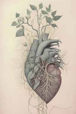Drawing of a realistic heart where veins connect with creeper plant branches and flowers by salvador dali