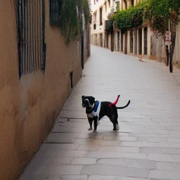 bulldog in spain with other dogs and no people on the street from an overseer point of view