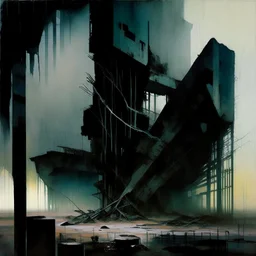 Dark Contemporary abstract painting of Lebbeus Woods brutalist architecture in a wasteland techno decaying landscape. Hazy foggy night sky. Concrete ground. Exposed twisted concrete and pipes. Style Justin Mortimer and Francis Bacon. Close up