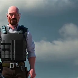 Walter White cyborg, 8k, tactical vest, helmet, gun.