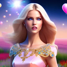 Full body Princess, sexy woman blondie, make up, beautiful smiling face,blue eyes, beautiful place,amazing, flowers, colors, blue and pink butterfly, realistic, photo real, stars night, detailed, high contrast, 8k high definition, unreal engine 5, extremely sharp detail, light effect, light background