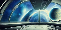 awesome view from inside a luxury spaceship social bar . standing at window . approaching earth. looking out. nebula