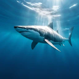 The character is floating on the ocean, far from shore. We see the face of a gigantic white shark moving up from the depths, in transparency of the water, by below, opening its mouth along the length of the carefree swimmer.