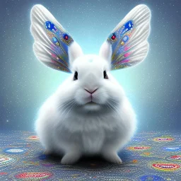 white platinum rabbit with blue third aye and butterfly wings, aboriginal, dot painting, indiginous, dot, mud, dream-time, abstract, dots, natural pigment, extremely sharp detail, finely tuned detail, ultra high definition, 8 k, unreal engine 5, ultra sharp focus, art germ and Paul Lewin and Kehinde Wiley, winter ambiance