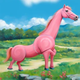 Big pink plastic toy horse.19th painting