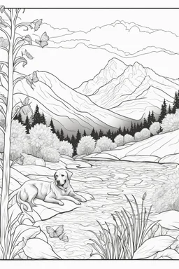 Playful Golden Labrador in a lively field of sunflowers, butterflys, mature coloring artwork, contour, vector, clean line art, white background, detailed, black and white, in the style of Mandala design