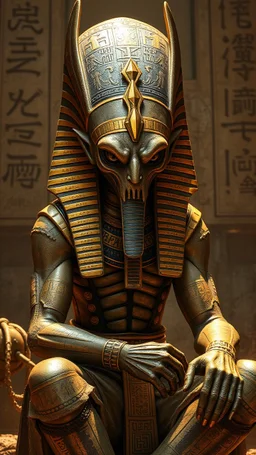 , golden ,Anubis, Egyptian god, angry, multiple textures, detailed clothing, hieroglyphs, contrasting light, sitting by an alien