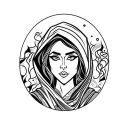 A line art logo of a beautiful Persian female with messy lines in the center of a black and white background. The logo is artistic and minimal, and has a striking contrast.