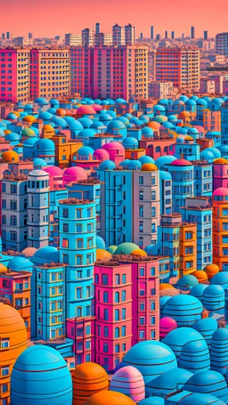 A city of all buildings look like eggs in different sizes and colors surreal