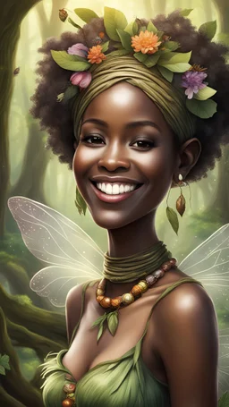 fairy smiling african lady in a wood