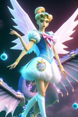 Sailor moon with short hair and dragons wings wearing only dragon scales,mythical,fantasy , magnificent, majestic, highly intricate, Realistic photography, incredibly detailed, ultra high resolution, 8k, complex 3d render, cinema 4d.