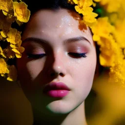 girl underwater with yellow flowers for hair, closed eyes, rtx, reflection, 8k, glow, winning photography, caustics