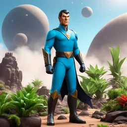 bossfightstudio.com: boss fight studio; a new version of Spock the Vulcan with pointed ears, he stand on a planet with plastic plants
