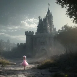 fairy tail castle with girl and wolf in the foreground