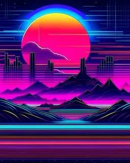 A vector graphic of a synthwave landscape
