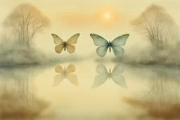 double exposure, merged layers, ethereal butterfly, Sunrise on a misty morning. over a misty pond in the hieght of fall. Watercolour by Alison Brady. Pastel colours, heart and love Arthur Rackham Gothic Watercolour Jean-Baptiste Monge Ernst Haeckel Minimalist Kay Sage watercolour art