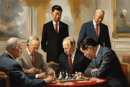 Putin, President Xi Of China And Joe Biden Play Chess With A Pigeon,Ufo And Atomic Bomb Mushroom Cloud,Complex Surgical Instruments Intermixed With A Newborn Boy,Minimalism,Painting By Adrian Ghenie,Rene Magritte,Pablo Picasso,Michelangelo,Salvador Dali,Lucian Freud