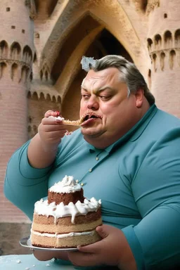 fat viktor orban eating cake in a castle