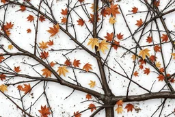 detailed Real Tree Camouflage made of bare branches, fir branches, dried maple leaves, snow and dirt, light shadows, white background, seamless repeatable texture camo pattern, muted color