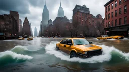 Climate emergency, New York city flooded, sea level risen, danger, disaster, realistic award-winning photograph, detailed, credible, warning, catastrophe, vehicles submerged, buildings flooded, city devastated, color photograph, recognizable landmarks of NYC