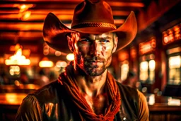 Young rough and rugged muscular cowboy photorealistic in a saloon