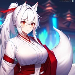 Clear focus, 8k, beautiful lighting, vibrant colors, fox girl, white hair, long hair, vibrant red eyes, ponytail, messy hair, hair in between the eyes, miko